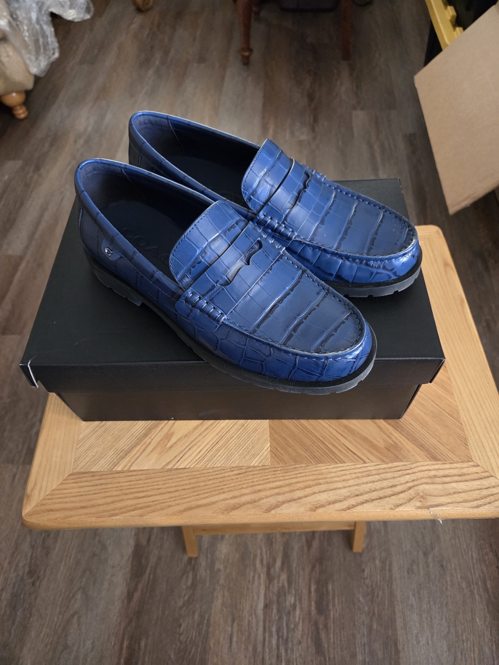 Deep Blue Croc-Embossed Coach Penny Loafers - Men